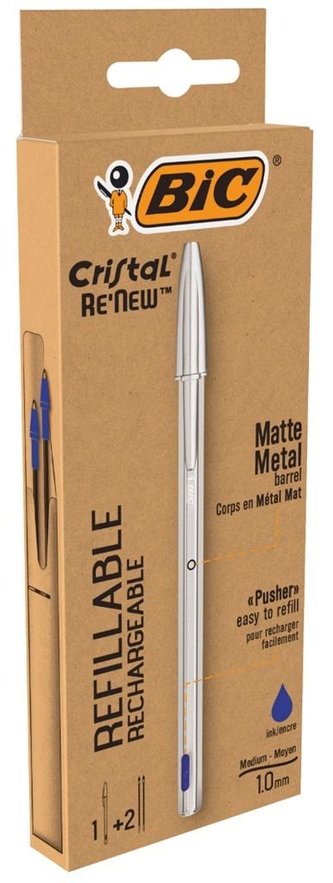 Kuličkové pero a 2 náplně "Cristal Original", modrá, 0,32 mm, matně stříbrná barva těla, s víčkem, B
