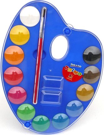 Vodové barvy PRIMO, Ø 25mm, 12 barev, paleta, štětec