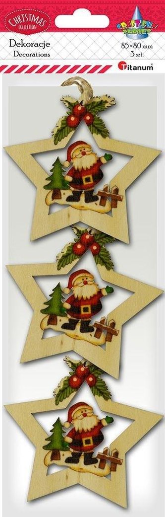 Drewniane zawieszki gwiazdy z Mikołajem 3szt