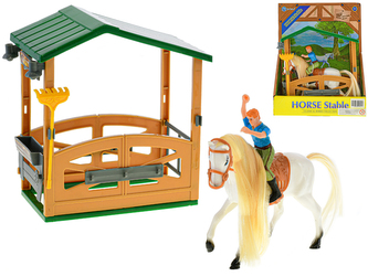 Kůň 14cm s jezdcem se stájí 15,5x18,5x8,5cm a doplňky v krabičce