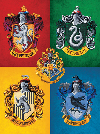 Obraz na plátně Harry Potter: Znaky kolejí - Nebelvír - Zmijozel - Havraspár - Mrzimor (30 x 40 cm)
