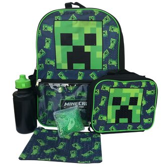 Školní batoh Minecraft: Creeper set batoh - penál - svačinový box - láhev 500 ml (objem 17 litrů|41 x 30 x 14 cm) černý polyester