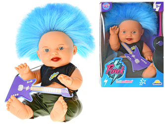 Panenka 23cm s modrým punk účesem a kytarou v krabičce