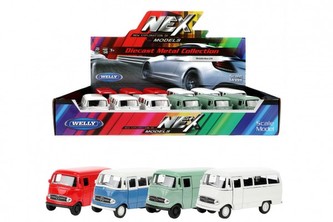 Auto Welly Mercedes Benz L319 kov/plast 11cm 4 barvy na zpětné natažení 12ks v boxu