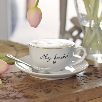 HOUSEDECOR Šálek s podšálkem - Ahoj, krásko!