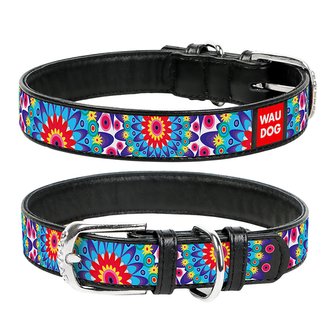 Obojek kožený Waudog Flowers černý (30-39cm/2cm)