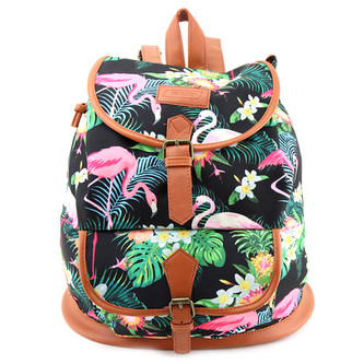 Batoh Target Černý s plameňákem, hnědá koženka