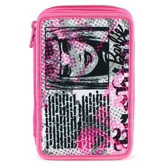 Barbie Školní penál s náplní růžovo-černý, motiv novin