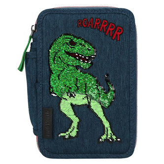 Penál s výbavou Dino World T-Rex, třípatrový, měnící flitrový obrázek