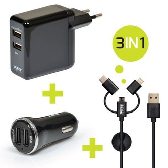 PORT CONNECT nabíječka 2x USB, nabíječka do auta 2xUSB + 3v1 kabel, černá