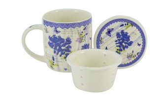 Porcelánový hrnek 390 ml se sítkem a víčkem - nová levandule