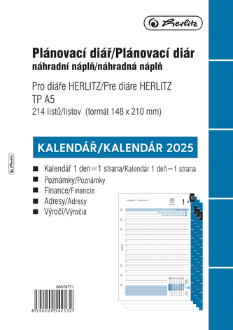 Herlitz - Náplň do kroužkového diáře A5 - 2025, denní Herlitz - Náplň do kroužkového diáře A5 - 2025, denní