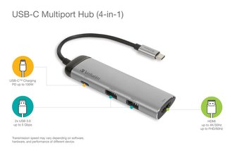USB-HUB, 3 porty, USB 3.1, USB-C, HDMI, VERBATIM