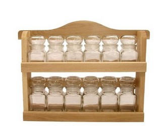 polička dřevěná s kořenkami 150ml skl. (12ks)