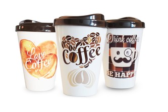 Kelímek RETRO VASO CAFÉ na kávu , s víčkem 3 motivy, 13x9 cm, 0,43 l, plast