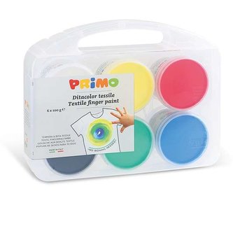 Prstové barvy na textil PRIMO, sada 6 x 100g, kelímky, PP box
