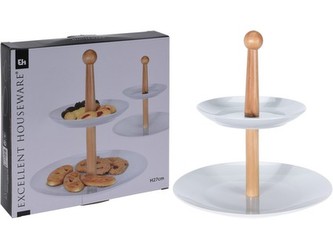 podnos 2 patra kulatý 16,5cm, 24cm porcelán/dřevo