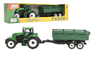 Traktor s vlekem plast 42cm na setrvačník v krabici 47x13x11cm