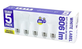 TESLA LED žárovka BULB/ E27/ 9W/ 230V/ 806lm/ 3000K/ 5PACK/ teplá bílá