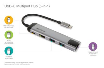 USB-HUB a ethernetový síťový adaptér, 4 porty, USB 3.0, USB-C, HDMI, VERBATIM