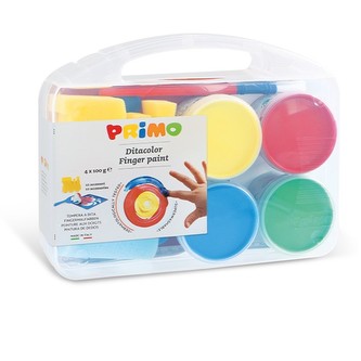 Prstové barvy PRIMO, sada 4 x 100g, 6 šablon, 4 výtvarné pomůcky, kelímky, PP box
