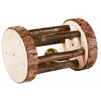 Dřevěný váleček s rolničkou pro moračata a králíky, dřevo s kůrou,  ø 5 × 7 cm