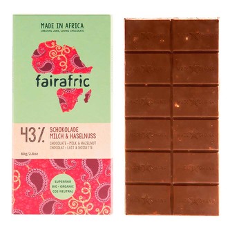 Fairafric Bio mléčná čokoláda s lískovými oříšky, vyrobená v Ghaně, 80 g
