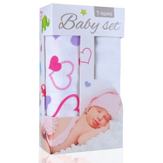 Baby set - bambusová osuška hearts / srdíčka  +  bambusová osuška white / bílá
