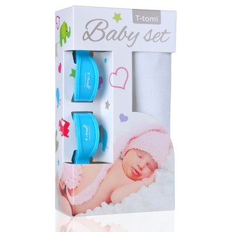 Baby set - bambusová osuška white / bílá + kočárkový kolíček blue / modrá