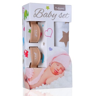 Baby set - bambusová osuška beige stars / béžové hvězdičky + kočárkový kolíček beige / béžová