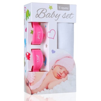 Baby set - bambusová osuška white / bílá + kočárkový kolíček pink / růžová