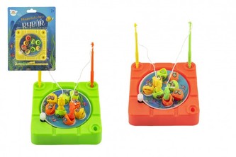 Hra ryby/rybář magnetická plast 10x10cm na natažení, 3 barvy, 1 sada na kartě 15x20x3cm