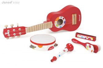 Sada 5 dřevěných hudebních nástrojů Confetti Music Live Janod kytara, harmonika, trubka