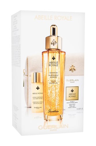 Guerlain Abeille Royale pleťový olej Abeille Royale Advanced Youth Watery Oil 50 ml + pleťové sérum Abeille Royale Double R Renew & Repair Serum 8 x 0,6 ml + pleťové tonikum Abeille Royale Fortifying Lotion With Royal Jelly 40 ml + kosmetická taštička