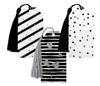 Tagi prezentowe z chwostem biało-czarne 6szt