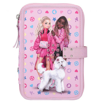 Dvoupatrový penál na kód Top Model, Růzový s potiskem, Candy + Malia + pudl