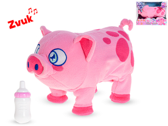 Prasátko plyšové 28cm chodící na baterie se zvukem a lahvičkou 24m+ v krabičce