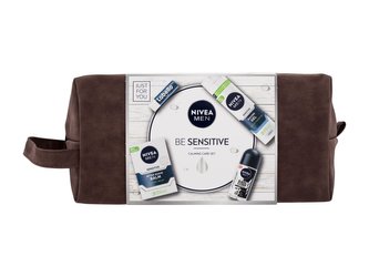 Nivea Men Sensitive balzám po holení Men Sensitive 100 ml + gel na holení Men Sensitive 200 ml + antiperspirant roll-on Black & White Invisible Original 50 ml + balzám na rty Labello Men Active 4,8 g + kosmetická taštička