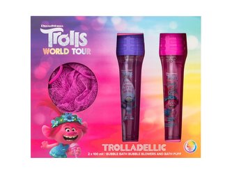 DreamWorks Trolls pěna do koupele Gimme A Beat! 100 ml + pěna do koupele Pour Some Glitter On Me 100 ml + mycí houba