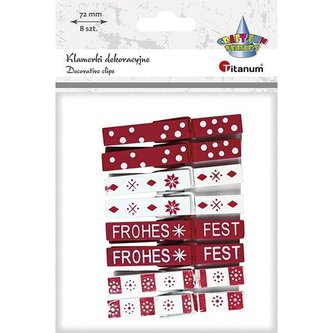 Klamerki drewniane białe, czerwone świąteczne 8szt