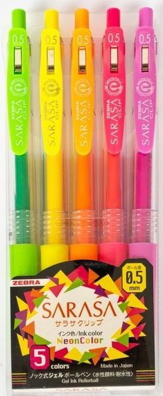 Sada gelových per "Sarasa Clip Neon", 5 neonových barev, 0,33 mm, stiskací, ZEBRA 69440