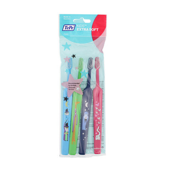 TePe Kids Extra Soft dětské zubní kartáčky (tmavě růžový, tmavě modrý, zelený, azurový) 4 ks