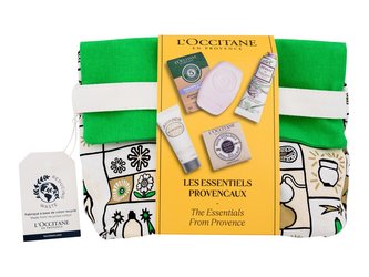 L'Occitane The Essentials From Provence tuhý šampon Gentle & Balance Solid Shampoo 60 g + tělový krém Almond Milk Concentrate 20 ml + tuhé mýdlo Milk Extra-Gentle Soap 50 g + krém na ruce Herbae L´Eau Hand Cream 30 ml + kosmetická taštička