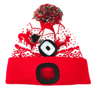 Čepice s čelovkou LED dětská červená s bambulí (USB nabí