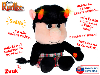 Čertík Rudko plyšový 20cm sedící na baterie slovensky mluvící svítící rohy 0m+ v sáčku