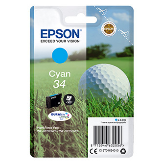 Epson originální ink C13T34624020, T346240, cyan, s ochranou, 4.2ml, Epson WF-3720DWF, 3725DWF
