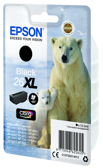 Epson originální ink C13T26214022, T262140, 26XL, black, 12, 2ml, Epson Expression Premium XP-800, XP-700, XP-600