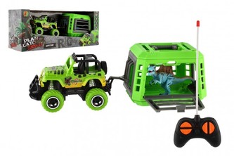 Auto RC s vlekem s dinosaurem plast 28cm na baterie 27mHz se světlem, zvukem v krabici 35x14x11cm