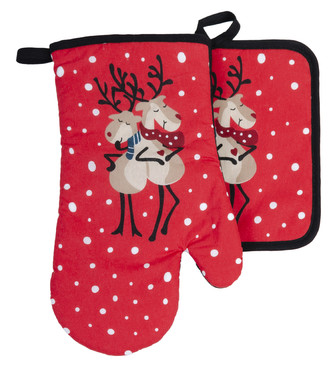 Kuchyňský set rukavice/chňapka JINGLE BELLS červená/černá 18x30 cm/20X20 cm ESSEX
