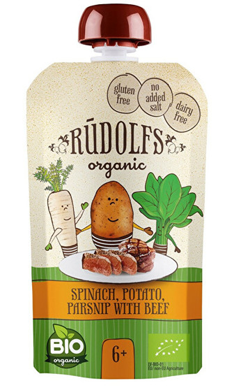 Rudolfs Kapsička Špenát, brambory, pastiňák s hovězím masem BIO 110 g